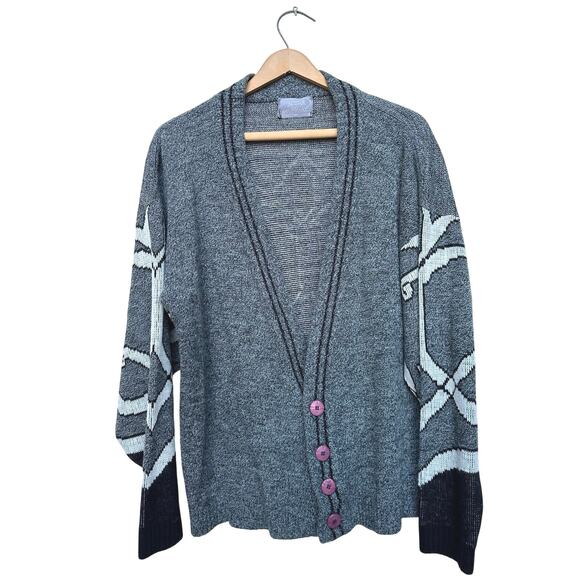 Vintage Le Tigre Cardigan - Size Large - Gray with Pink Buttons - Picture 1 of 7